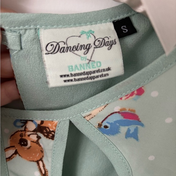 Adorable Mint Green Banned Bambi Deer Blue Bird 50s Retro Style Dress. S - Picture 8 of 10
